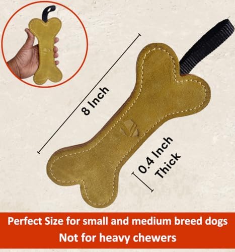 Leather Dog Toys for Small Puppies, Genuine Leather Chew Toys, Safe Puppy Toys, Durable Dog Chews for Teething, Interactive Play, Training, and Healthy Chewing (Bone)