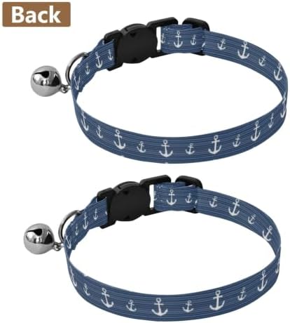 2 Pack Cat Collars White Anchors Stripes Navy Blue Puppy Collar with Bell, Adjustable 10.6 to 17.1 Inches