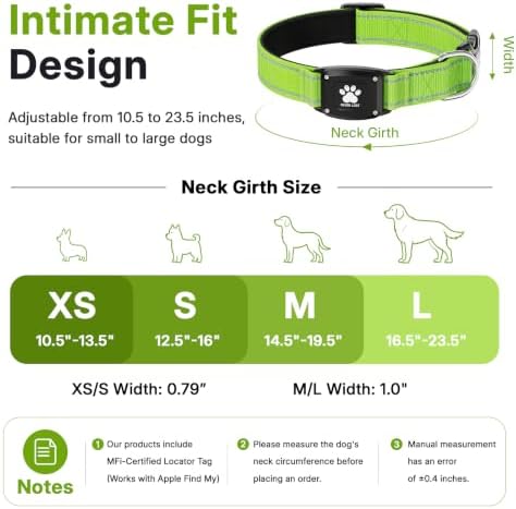 GPS Dog Collar with Tracker, Waterproof, No Monthly Fee, Green, L | Works with Apple Find My, iOS Only, MFi Certified, No SIM Card, for Large Dogs, Reflective Padded Nylon, Neck 16.5-23.5 in