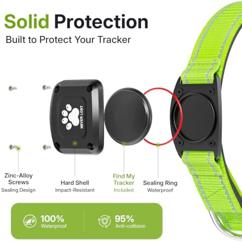 GPS Dog Collar with Tracker, Waterproof, No Monthly Fee, Green, XS | Works with Apple Find My, iOS Only, MFi Certified, No SIM Card, for Small Dogs, Reflective Padded Nylon, Neck 10.5-13.5 in