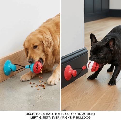 Dog Chew Toys Suction Cup Ball with Bell Interactive, Rubber Molar Teeth Cleaning Ball for Food Dispensing and Tug-of-War Games(Blue‑Red)