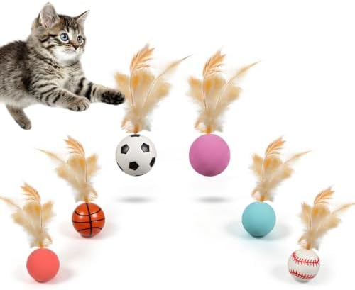 6 Pcs Bouncy Ball Cat Toy,Rubber Cat Bouncy Ball with Tail
