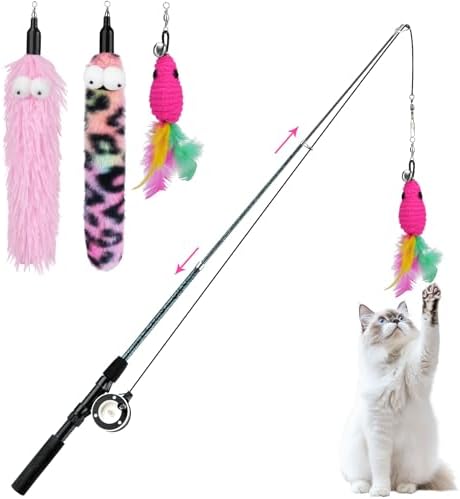 Pawaboo Cat Teaser Wand Toys, Cat Fishing Pole Toy with 3 PCS Feathers
