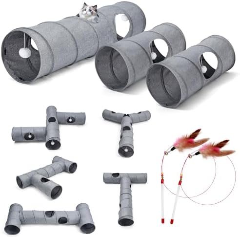 Cat Tunnel, 3 Straight Shaped Tunnels 6 DIY Shapes with Wand Toys, No Noise Scratch Resistant Cool Linen Fabric, Interactive Pet Tunnel Tube for Indoor Cats, Puppy and Rabbits