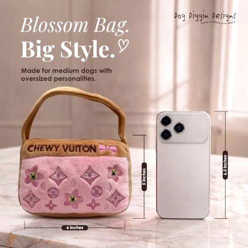 Dog Diggin Designs Chewy Vuiton Pink Blossom Plush Dog Toy Purse | Luxury-Inspired Parody Designer Handbag with Squeaker, Soft Plush Fashion Dog Toy – Haute Couture Purses & Handbags