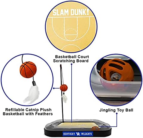 Cat Scratch Toy NCAA Kentucky Wildcats Reversible Basketball Court Felt/Cardboard Cat Scratcher Toy. Interactive Cat Ball Bell in Tracks. 6-in-1 CAT Toy: Cat Wand Poll, Catnip-Filled Plush Basketball