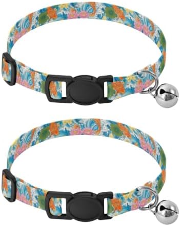 2 Pack Puppy Collar Koi Fish Flowers Blue Cat Collar with Bell, Adjustable Length 10.6" to 17.1"