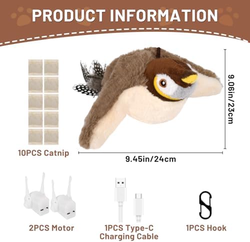 Esoes Cat Toys Flapping Bird (No Flying), Rechargeable Interactive Chirping Bird Cat Toy, Interactive Cat Exercise Toys for All Breeds Cat Kicker Catnip Toys