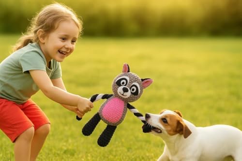 Raccoon Plush Dog Toy with Squeaker, Crinkle Paper & Rope for Small Dogs