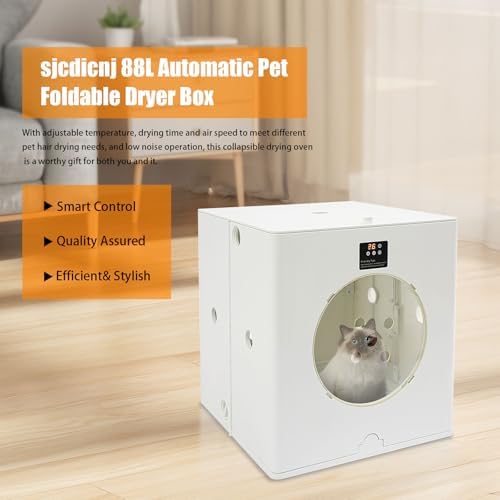 Foldable Smart Pet Dryer Box with 6 Fan 800W Automatic Cat Dryer Box Time-Setting Temperature Control, 88L Small Dog Drying Box, Cat Hair Blow 360° Ultra Quiet(Not Include Batteries)