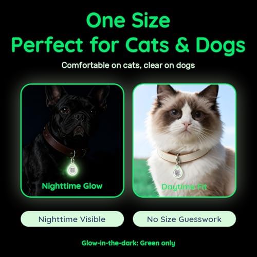 QR Code Dog Tag and Cat Tag, Scan to Reunite Faster, Waterproof and Durable, Lightweight and Quiet, Updatable Contact Info, Glow-in-the-Dark Green