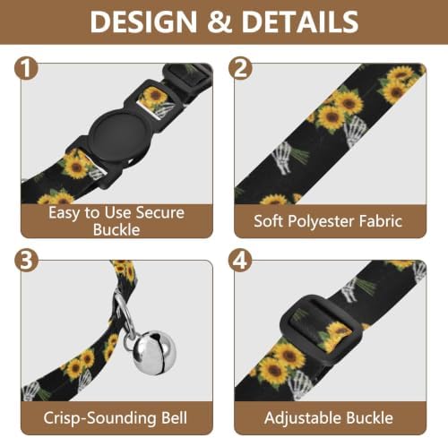 Sunflower Bouquet Black Easy to Wear Pet Collar 2 Pack Lightweight Pet Collar for Cats and Dogs