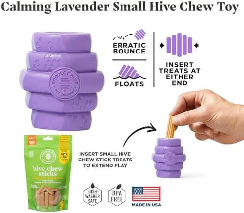 Hive Chew Toy for S/M Dogs – Purple/Calming Lavender Scent – Chew, Fetch, & Treat-Dispensing Enrichment Toy, Floats, Made in USA, Pairs with Hive Chew Sticks for S/M Dogs for Longer-Lasting Play