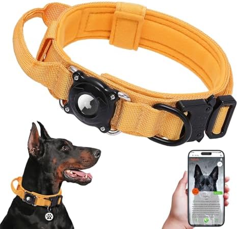 Tactical Dog Collar with QR Code & AirTag Holder, Military Adjustable Durable Reflective Dog Collar for Large Medium Dogs, Built-in Control Handle and Metal Buckle, 2026 New (Yellow-XL)