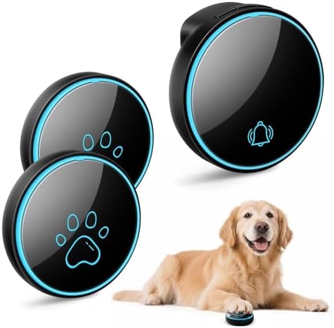 Comsmart Smart Wireless Dog Door Bell, Doggie Doorbell for Pet Potty Training Communication Go Outside Press Button with 38 Melodies 4 Volume Levels LED Flash (1 Receiver & 2 Transmitter), Black