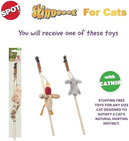 SPOT Skinneeez Stuffing-Free Forest Friends Cat Teaser Wand Toy with Catnip – Interactive Play for Cats and Breeds, Assorted Characters, 12-Inch