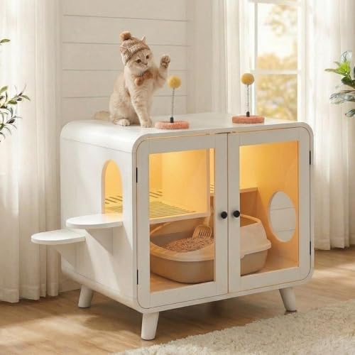 Smart Cat Litter Box Enclosure with RGB LED Light, TV-Stvle Cat Cabinet with Transparent Doors,Side Steps, Pom-Pom Toys,Indoor Pet House for Living Room,Bedroom(30.7"*23.6"*28",White)