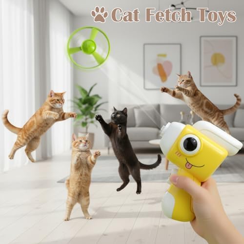Interactive Cat Toy for Indoor Cats - Cat Fetch Toy Launcher with 8 Colorful Flying Discs, One-Press Exercise Toy for Chasing & Hunting, Fun Kitten Toy for Adult Cats, Yellow