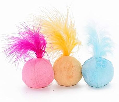 Furry Rattle Ball Cat Toy with Feather and Catnip - Interactive Pom Pom Balls for Cats, Soft and Lightweight, 2 Inch, 3 Pack.