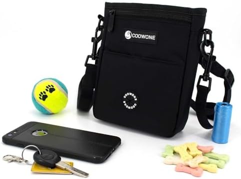 Dog Treat Pouch Pet Training Cross Body Bag, Magnetic Closure Dog Walking Fanny Pack Built-in Poop Bag Dispenser, Adjustable Shoulder Strap (Dog Leash) and Waist Belt (Dog Collar)