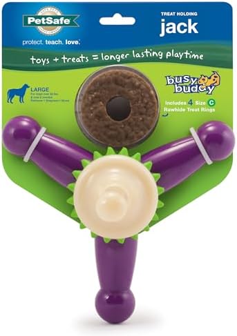 PetSafe Busy Buddy Jack - Treat Holding Dog Chew Toys - Helps Clean Teeth - Vanilla Scented Rubber for Strong Chewers - Treat Refills Included - Interactive Dog Toy Keeps Dogs Busy - Purple, Large