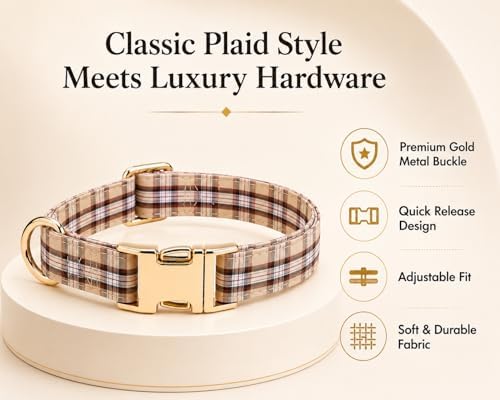 Soft Cotton Dog Collar Classic Plaid Pet Collars with Metal Clasp for Small Dogs with Sensitive Skin, Camel Brown