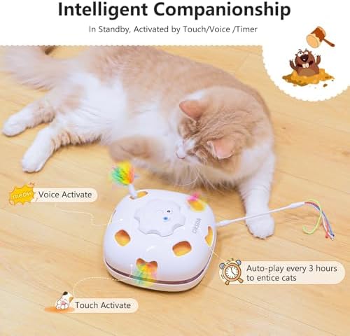 ORSDA Cat Toys for Indoor Cats, 4 in 1 Interactive Automatic Kitten Adult Cat Toy Whack a Mole, Hide and Seek, Moving Magic Wand & Chase Teaser, Rechargeable Touch/Timer Motion& Night DND Mode