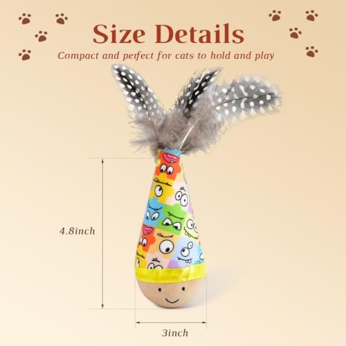 Wooden Interactive Cat Toy, Natural Beechwood Self‑Righting Weeble Toy with Colorful Feathers,Fluffy Plush Wooden Tumbler for Bored Adult Indoor Cats Silent Self Play Cat Enrichment Toy
