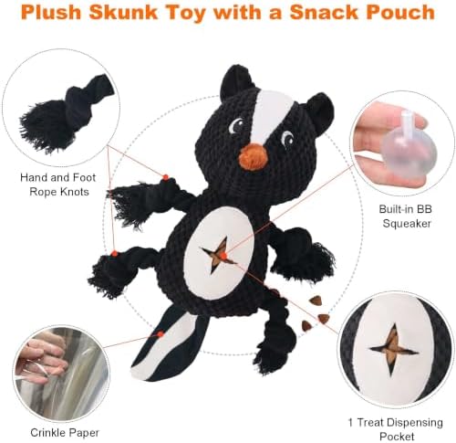 Dog Squeaky Chew Toy, Plush Crinkle Rope Dog Toy - Black Skunk