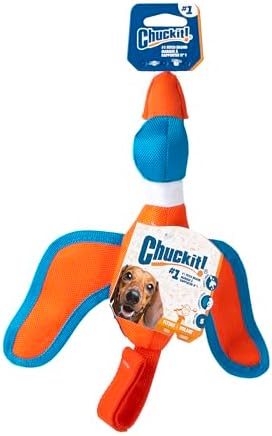 Chuckit! Flying Duck Fetch Slingshot Dog Toy, Orange & Blue – Crinkle Fabric Duck for Outdoor Fetch, Small to Medium Dogs Up to 60 lb – High‑Flight Slingshot Design, Durable Construction – Pack of 1