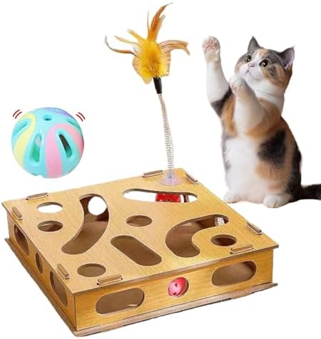 Interactive Wooden Cat Toy Box with Balls & Teaser Wand