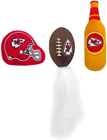 Best Plush CAT Toy - NFL Kansas City Chiefs Complete Set of 3 Piece Cat Toys Filled with Fresh Catnip. Incld: 1 Helmet Cat Toy, 1 Football Cat Toy with Feathers, & 1 Beer Bottle. Beautiful Team Logos