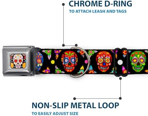 Dog Collar Seatbelt Buckle Colorful Calaveras Black Multi Color 13 to 18 Inches 1.5 Inch Wide, DC-WTY004-WS