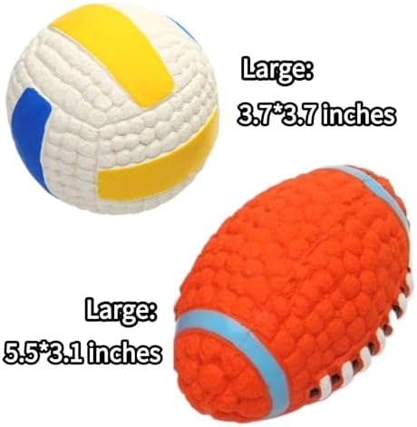Squeaky Chew Dog Toys Interactive Sports Balls with Squeaker Soft Latex Rubber Bouncy Fetch Ball Toy (Soccer, Volleyball, Football, Tennis) for Puppy & Dog (Volleyball+Football,Large)
