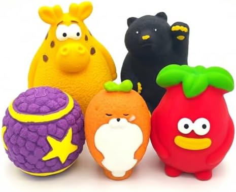Natural Latex Dog Chew Toys 4&5 Piece Sets for Puppies&Dogs - Anxiety Relief&Teeth Cleaning Chew Toys, Waterproof for Indoor Outdoor Multiple Fun Themes (Set 2：Happy Farm Harvest (5-Piece))