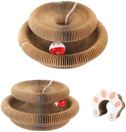2pcs Cat Pad Scratcher Toys, Magic Organ Cat Toy & Kitty Curls Cat Toy, Interactive Cardboard Cat Scratching Board with Bell Balls, Corrugated Scratcher for Indoor Cats, Light Brown