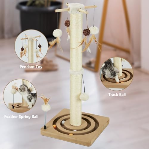 PEEKAB Cat Scratching Post Sisal Scratch Posts for Indoor Cats and Kittens,30 Inches Tall with Tracking Ball Interactive Toys and Hanging Balls Beige