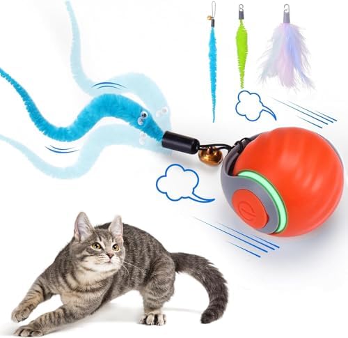 Interactive Automatic Pet Ball Toy for Cats & Small Dogs – USB-C Rechargeable, 3 Tails, 2 Speed Modes for Endless Play (Orange, Small)