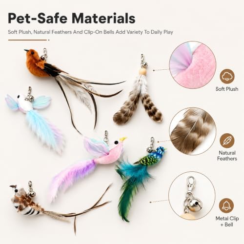 8 PCS Interactive Bird Simulation Cat Toy Set,Cat Wand Toy Feather Stick Cats Toys,2 Self-Holding Suction Cup Bases and 5 Replacement Birds,Durable Feather Wand Bird for Indoor Bored Cats