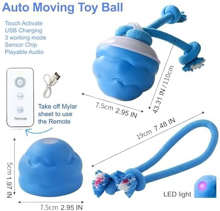Interactive Dog Ball, 2026 Upgraded Motion Activated Automatic Rolling Ball with Remote Control, Self-Moving Pet Ball for Training Pets Toy, Free Chew Corn & Rope Toy Included