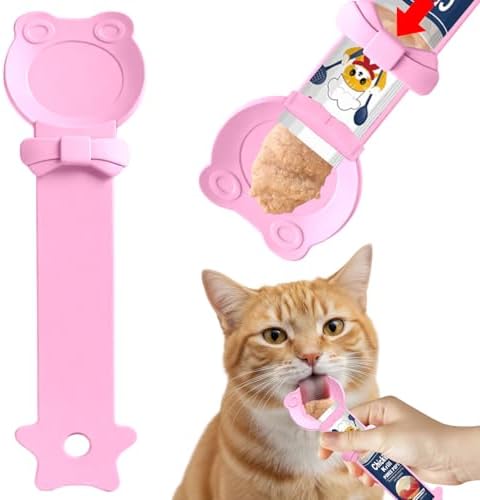 Lickable Cat Treat Spoon, Puree Squeeze Feeder, Silicone, Pink
