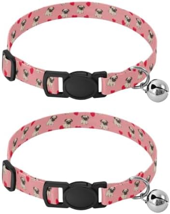 2 Pack Cat Collar Cute Cartoon Pugs Red Hearts Cat Collars with Bell, Adjustable 10.6 to 17.1 Inches