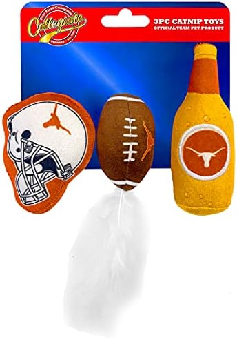Best Plush CAT Toy - NCAA Texas Longhorns Complete Set of 3 piece Cat Toys Filled with Fresh Catnip. Includes: 1 Helmet Cat Toy, 1 Football Cat Toy with Feathers & 1 Beer Bottle. Beautiful Team Logos