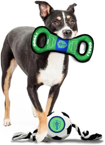 Pets First MLS Seattle Sounders FC Soccer Field Tug Toy & Soccer Ball Rope Toy Set for Dogs - Officially Licensed Interactive Squeaky Rope Fetch & Chew Toys with Team Logo
