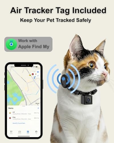 Cat Camera Collar with Tracker Tag, 1080P HD Pet POV Action Cam, No WiFi No App One-Click Video Recorder for Cats & Small Dogs — Lightweight 0.7oz, Night Vision,Laptop Playback