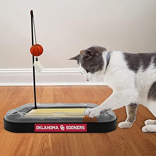 Cat Scratch Toy NCAA OKLAHOMA Sooners REVERSIBLE Basketball Court Felt/Cardboard Cat Scratcher Toy with Interactive Cat Ball Bell in Tracks. 6-in-1 CAT TOY Cat Wand Poll CATNIP-FILLED Plush Basketball