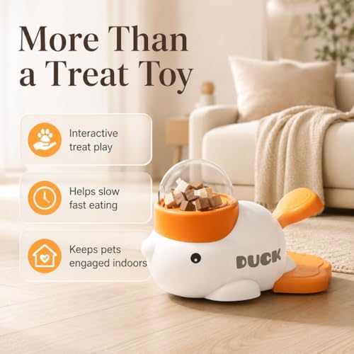 Interactive fuzzibud cat Treat Toy & Duck Treat Dispenser for Dogs - Slow Feeder cat Feeder Puzzle for Boredom Relief, Puzzle Toy with 3 Lids (Little White Duck Food Spiller)