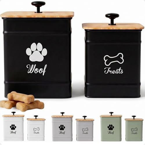 Dog Treat Container Airtight Set of 2 - 8x6 & 7x5 inch Iron Dog Treat Jars for Kitchen Counter with Airtight Bamboo Lids - 20 Cup Capacity Pet Treat Container Set - Doggie Cookie Jar - Treats Canister