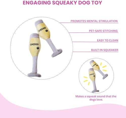 Glow Pups Plush Champagne Dog Toy with Squeaker, Fun Alcohol Parody, Soft Cotton, Machine Washable, Interactive Playtime Dogs - Multicolor (2 Pack of Champagne Glasses)