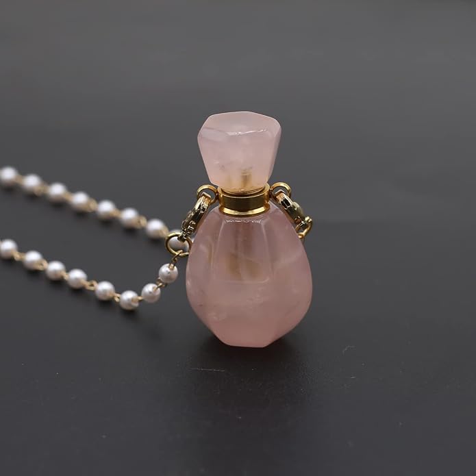 1pcs Natural Rose Quartz Stone Perfume Bottle Pendant Pearl Bead Chain Rectangle Heart Necklace for Women Jewelry Free Accessory Glasses